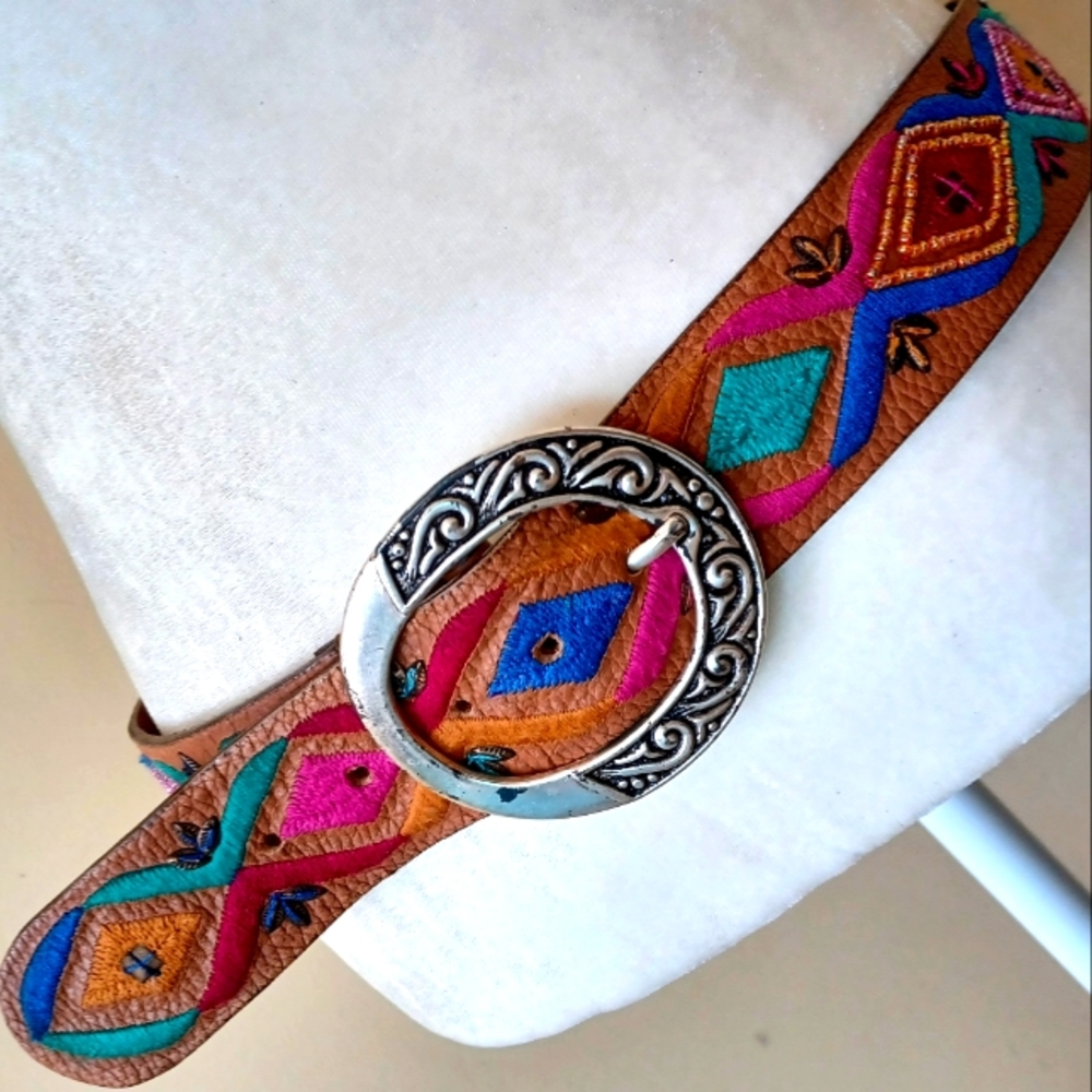 Chico's Multicolor Embroidered Belt with Silver Buckle